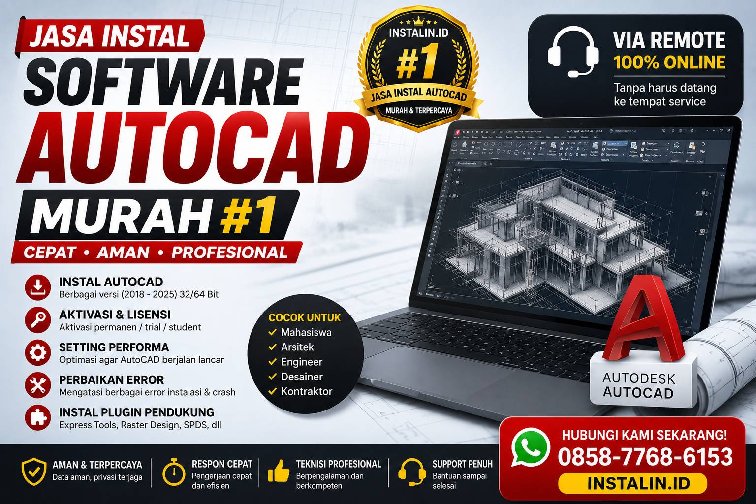 Banner Jasa Instal Software AutoCAD Murah #1 dari Instalin.id untuk instal AutoCAD, aktivasi lisensi, setting performa, dan perbaikan error via remote online.
