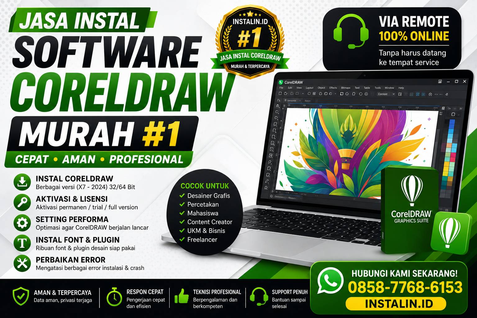 Banner Jasa Instal Software CorelDRAW Murah #1 dari Instalin.id untuk instal CorelDRAW, aktivasi lisensi, instal font, dan perbaikan error via remote online.