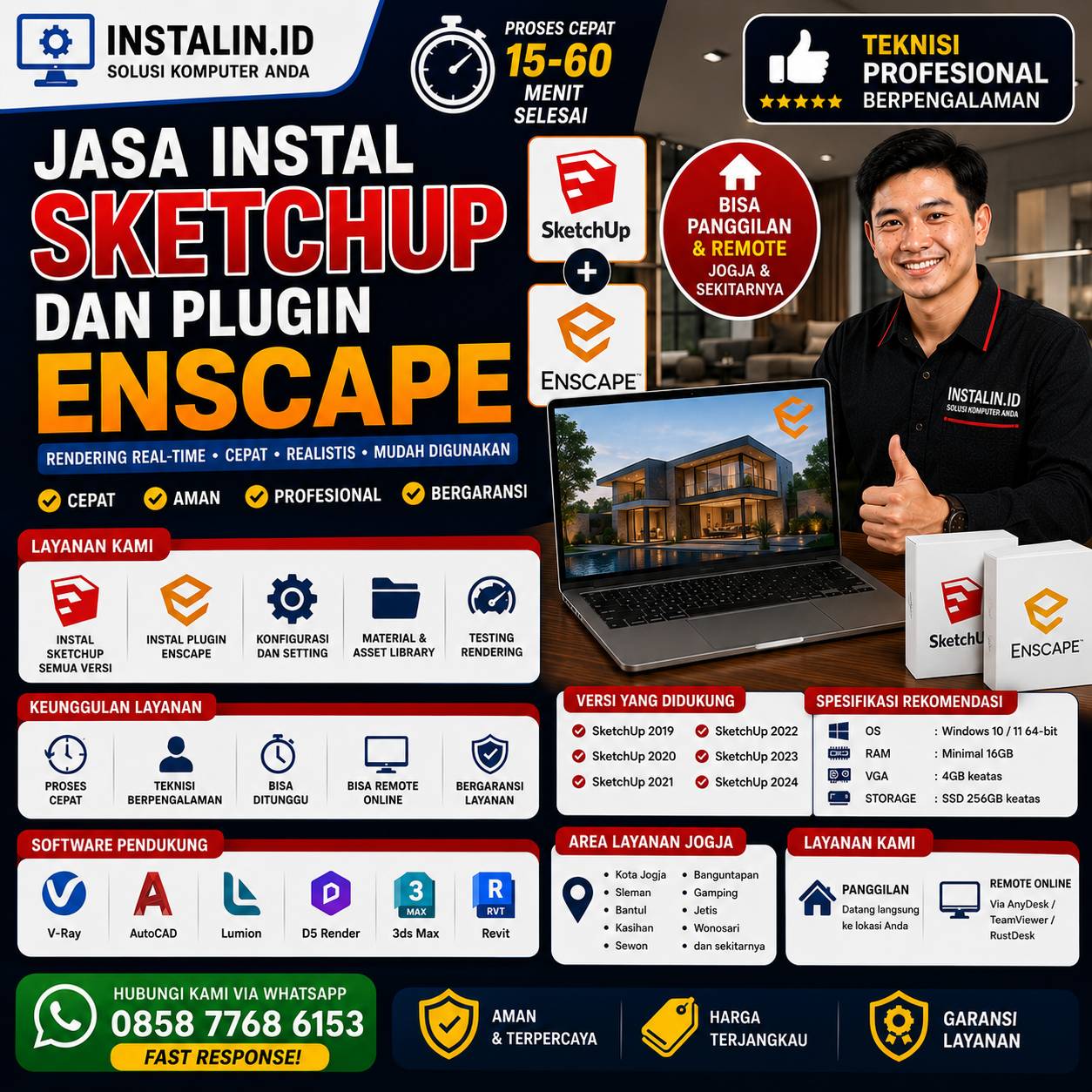 Jasa Instal SketchUp dan Plugin Enscape profesional cepat aman bergaransi bisa remote online oleh Instalin.id