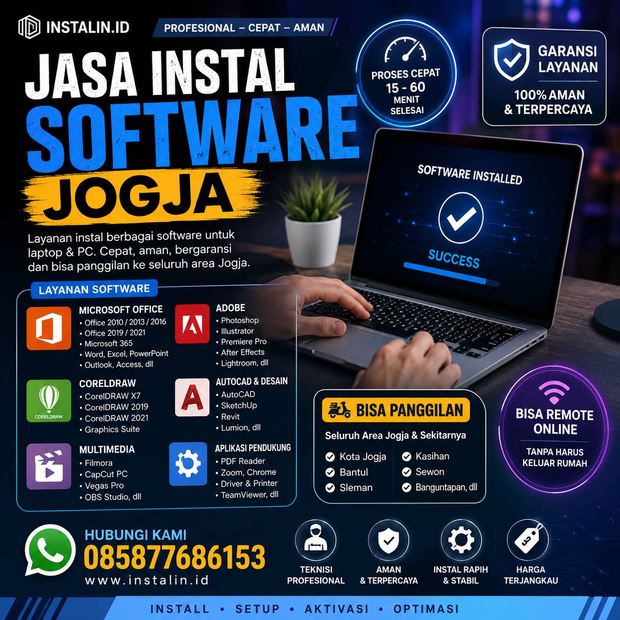 Jasa Instal Software Jogja profesional cepat aman bisa panggilan dan remote online oleh Instalin.id