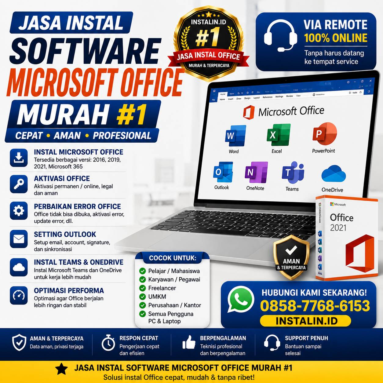 Banner Jasa Instal Software Microsoft Office Murah #1 dari Instalin.id untuk instal Office, aktivasi, setting Outlook, dan perbaikan error via remote online.