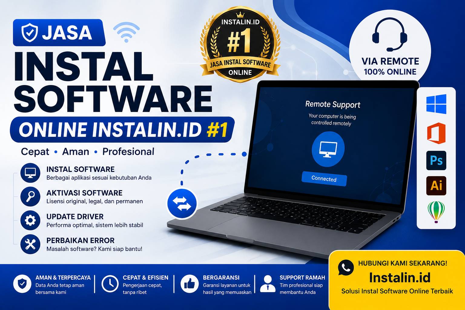 Jasa Instal Software Online Instalin.id #1 via remote untuk instal aplikasi, aktivasi software, update driver, dan perbaikan error komputer secara cepat dan profesional.