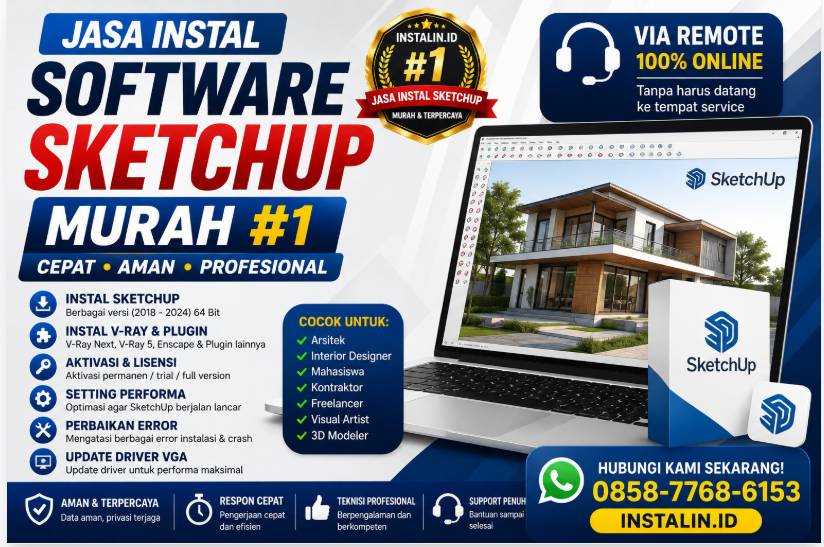 Banner Jasa Instal Software SketchUp Murah #1 dari Instalin.id untuk instal SketchUp, V-Ray, plugin, aktivasi lisensi, dan perbaikan error via remote online.