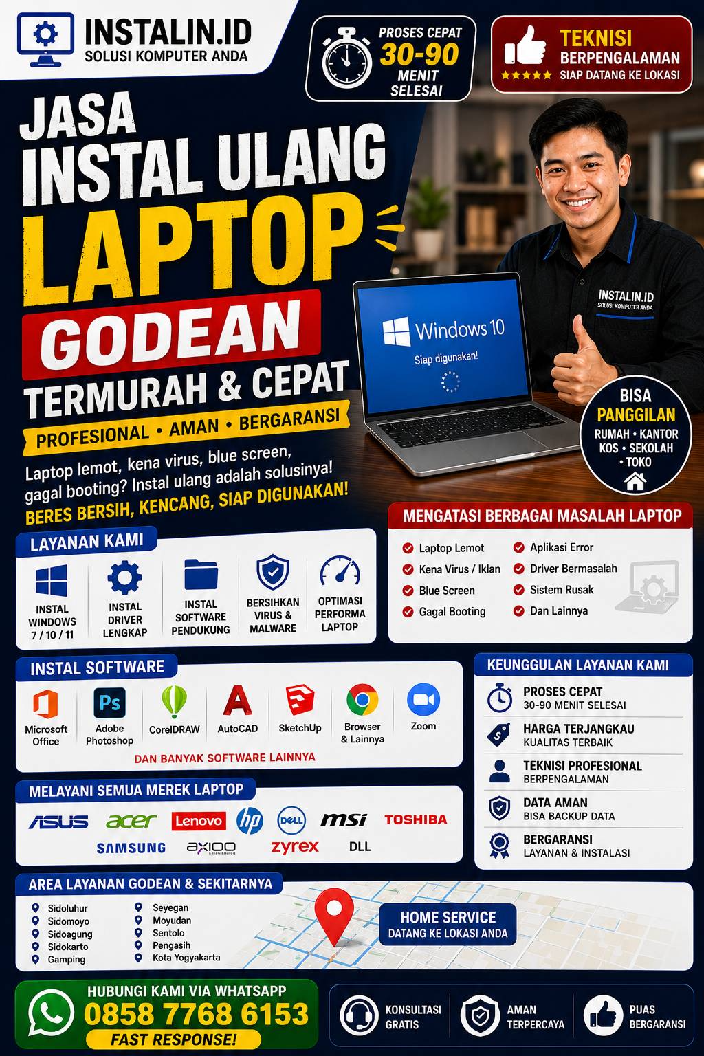 Jasa Instal Ulang Laptop Godean termurah dan cepat profesional bergaransi bisa panggilan oleh Instalin.id