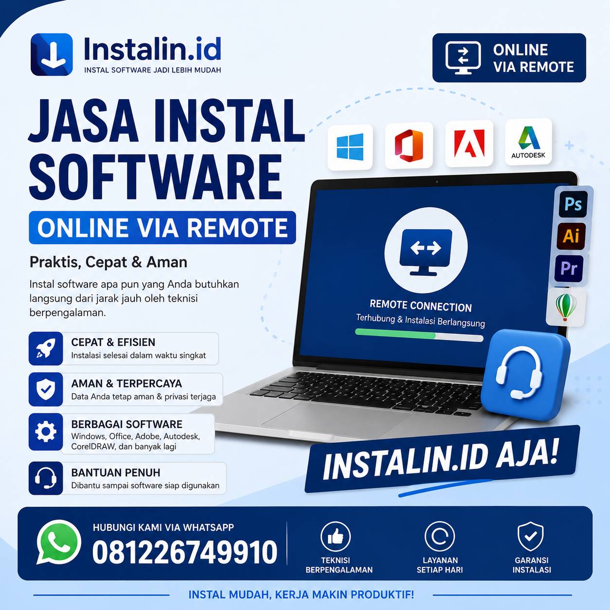 Jasa Instal Software Online via Remote terpercaya oleh Instalin.id dengan layanan cepat, aman, dan profesional via WhatsApp 081226749910.