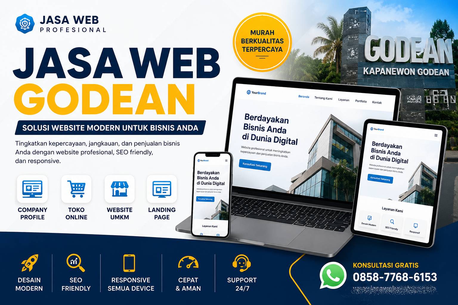 Jasa Web Godean murah profesional SEO friendly untuk UMKM, toko online, dan company profile di Sleman Yogyakarta