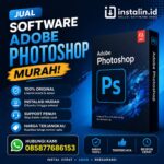 Promo jual Software Adobe Photoshop murah oleh instalin.id dengan desain biru modern, layanan instalasi aman dan bergaransi, hubungi 085877686153.