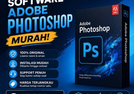 Promo jual Software Adobe Photoshop murah oleh instalin.id dengan desain biru modern, layanan instalasi aman dan bergaransi, hubungi 085877686153.