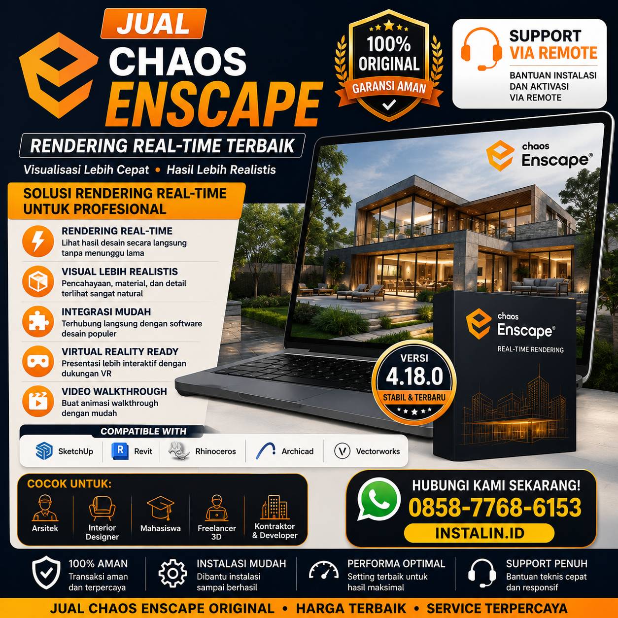Banner jual Chaos Enscape original untuk rendering real-time profesional dengan support instalasi dan aktivasi via remote dari Instalin.id.