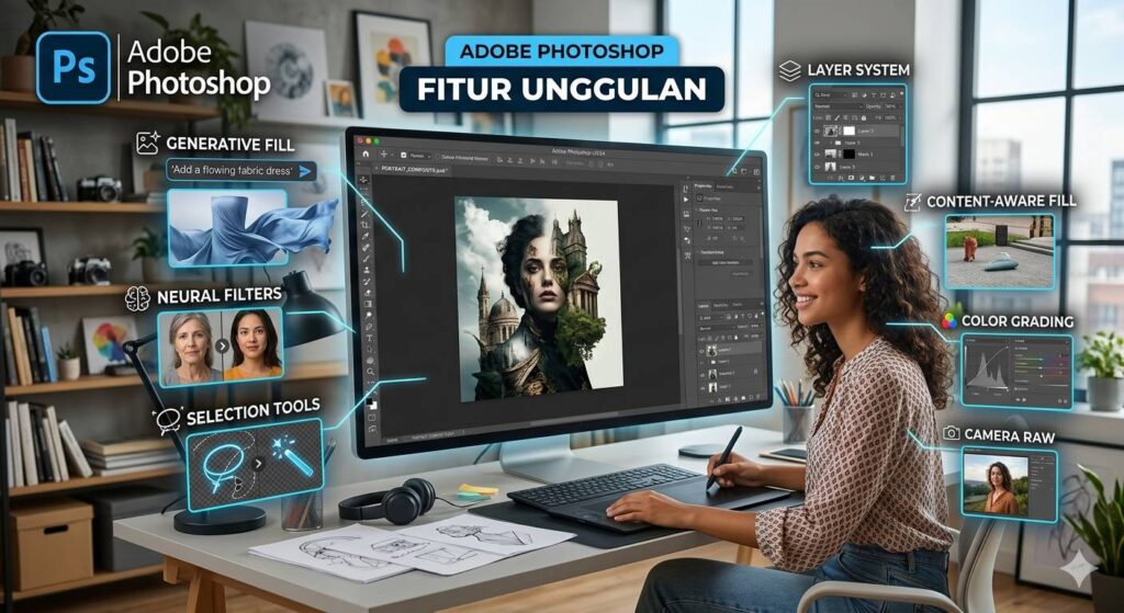 Infografis fitur unggulan Adobe Photoshop menampilkan antarmuka perangkat lunak pada monitor profesional dengan label teknologi AI seperti Generative Fill, Neural Filters, dan sistem Layer.