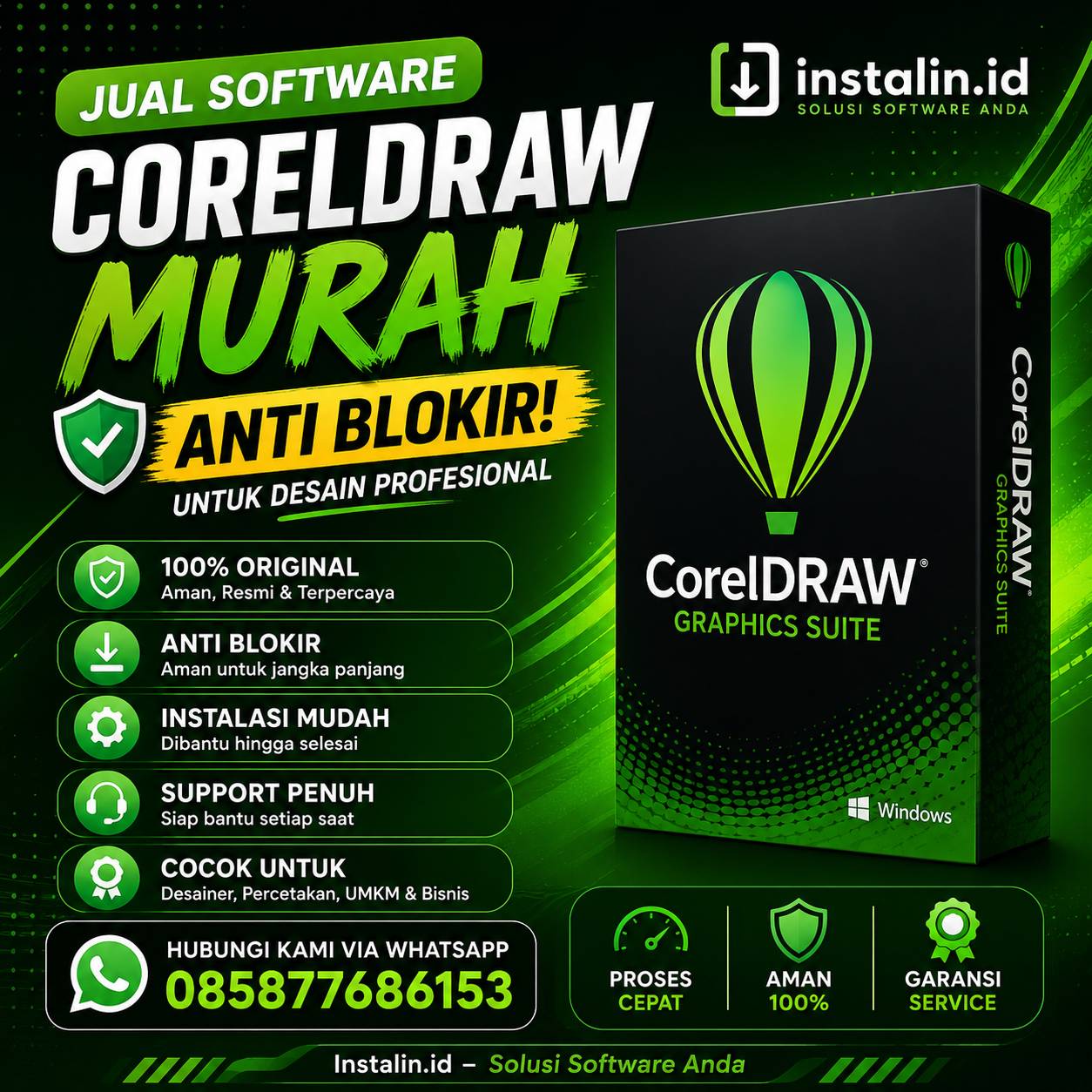 Poster promosi jual Software CorelDRAW murah anti blokir oleh Instalin.id dengan desain hijau modern dan layanan instalasi profesional via WhatsApp 085877686153.