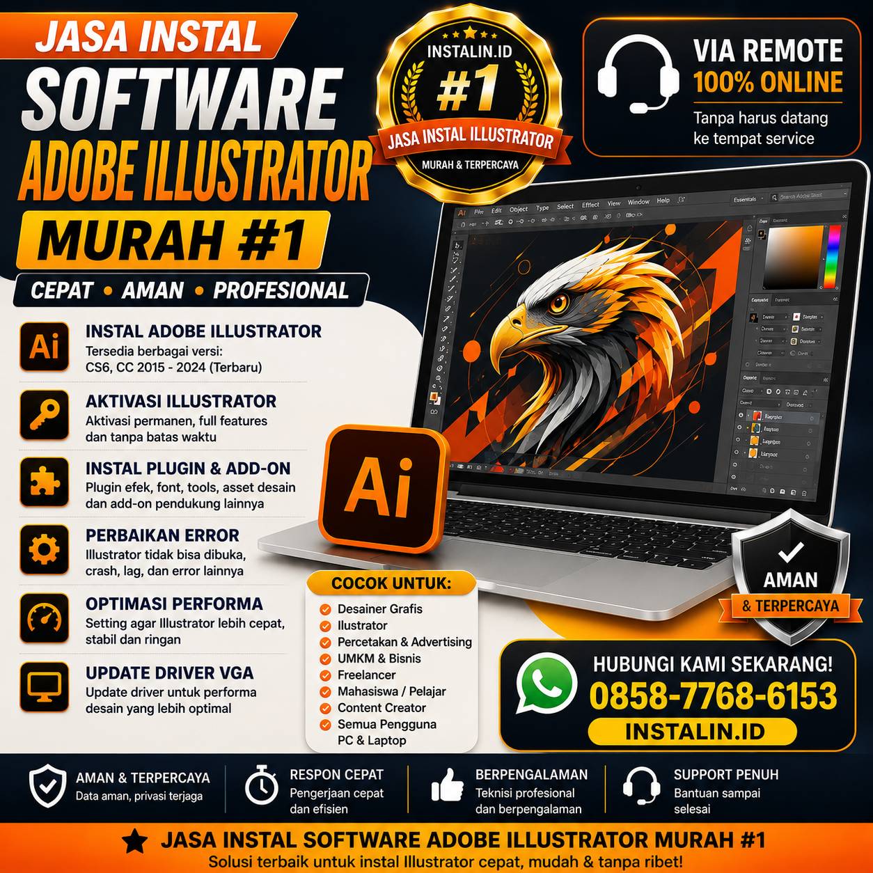 Banner Jasa Instal Software Adobe Illustrator Murah #1 dari Instalin.id untuk instal Illustrator, plugin desain, aktivasi, dan perbaikan error via remote online.