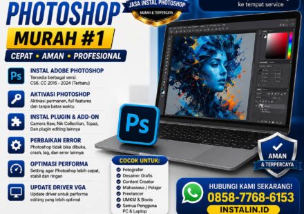 Banner Jasa Instal Software Photoshop Murah #1 dari Instalin.id untuk instal Adobe Photoshop, plugin editing, aktivasi, dan perbaikan error via remote online.