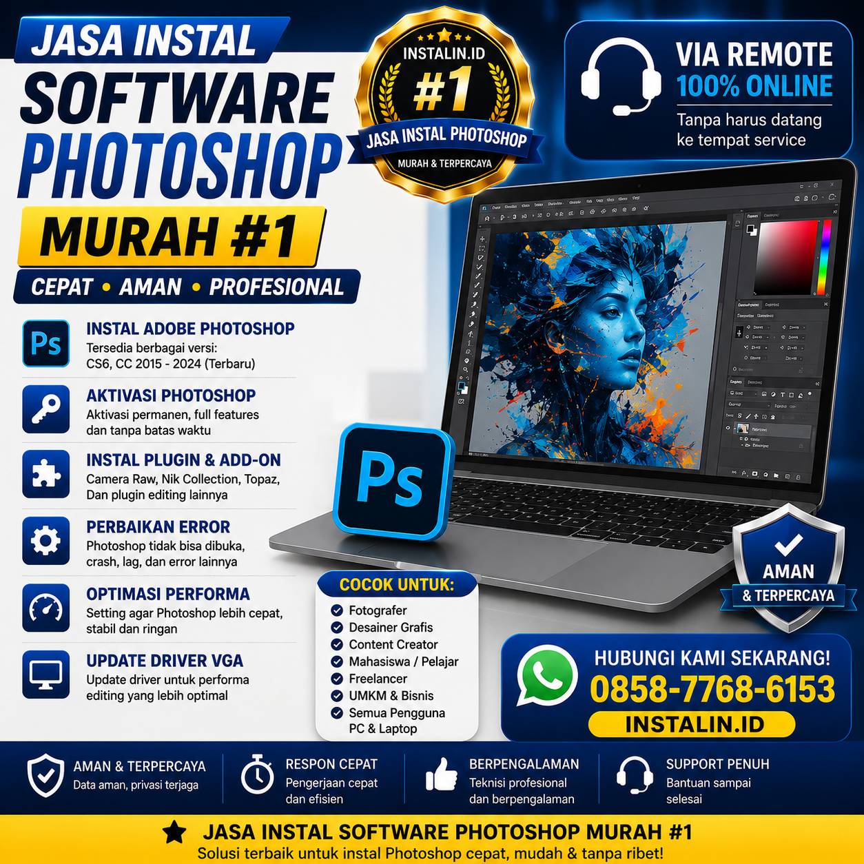 Banner Jasa Instal Software Photoshop Murah #1 dari Instalin.id untuk instal Adobe Photoshop, plugin editing, aktivasi, dan perbaikan error via remote online.