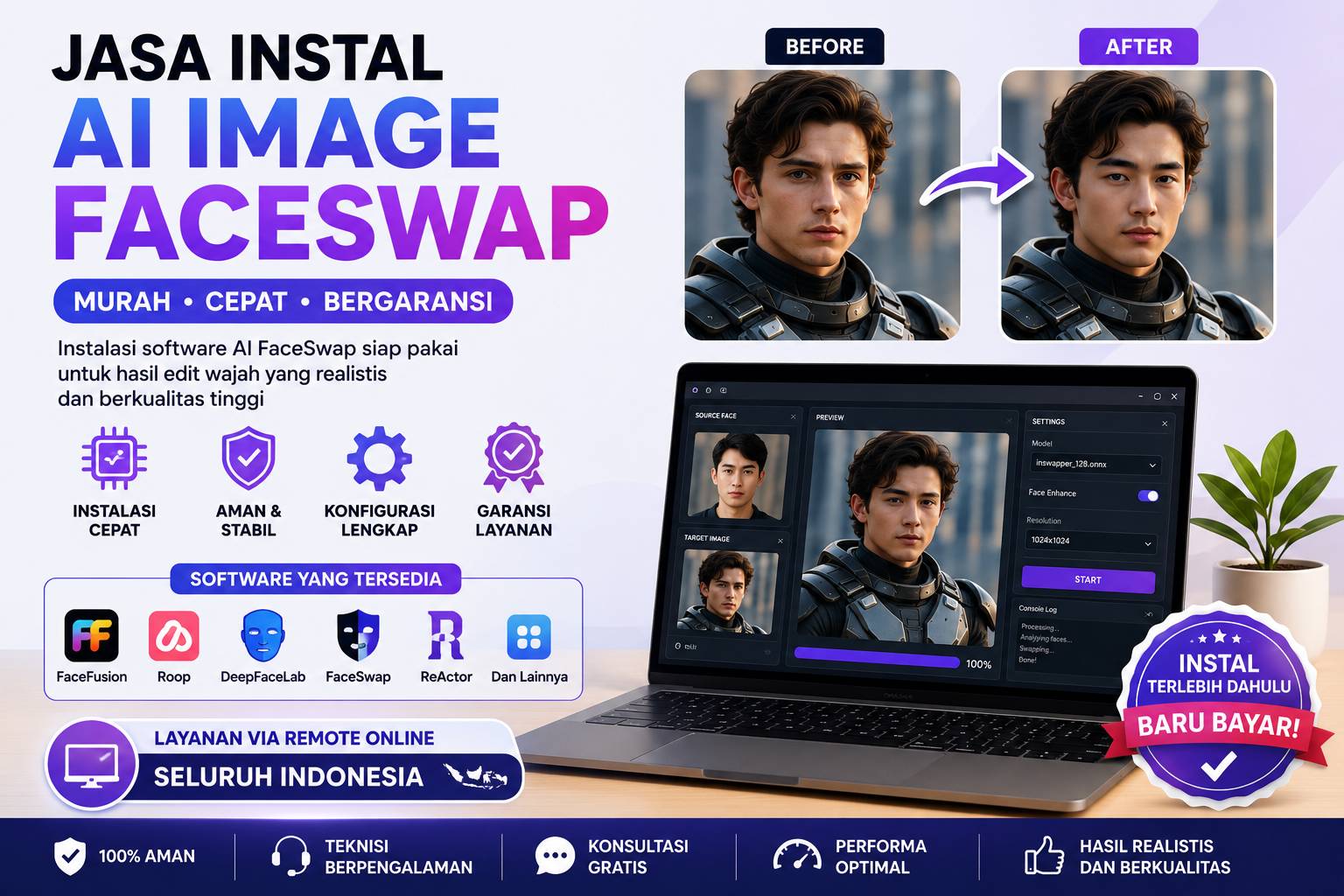 Jasa Instal AI Image FaceSwap Murah untuk PC dan laptop dengan layanan instalasi online seluruh Indonesia, cepat, aman, dan bergaransi.