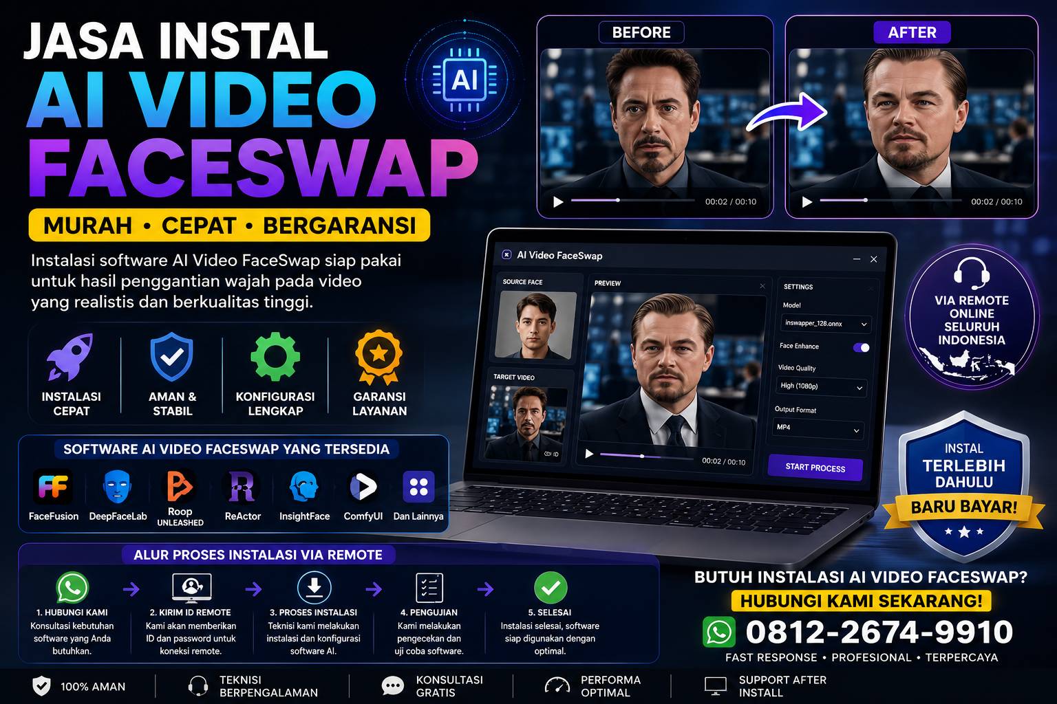 Jasa Instal AI Video FaceSwap Murah untuk PC dan laptop dengan layanan instalasi online seluruh Indonesia, cepat, aman, dan bergaransi.