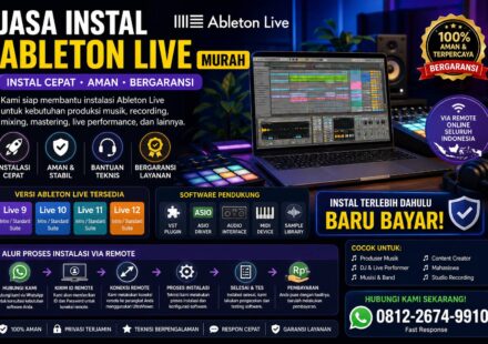 Banner promosi jasa instal Ableton Live Suite, Standard, dan Intro untuk musisi, DJ, produser musik, dan content creator.