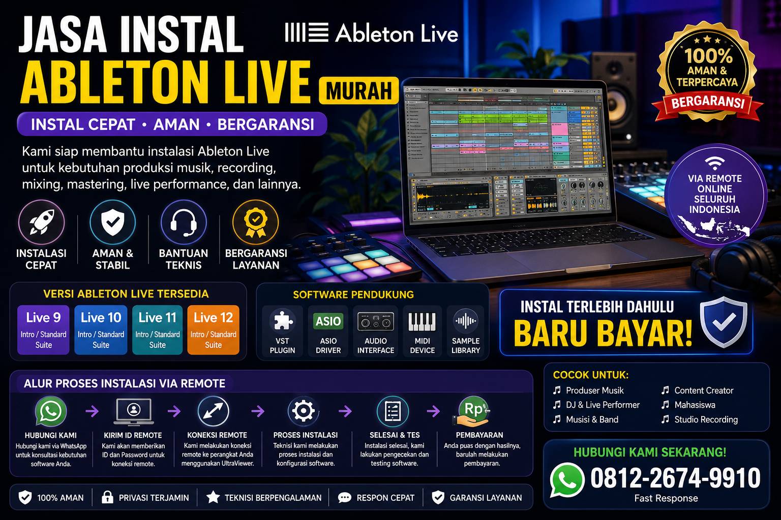 Banner promosi jasa instal Ableton Live Suite, Standard, dan Intro untuk musisi, DJ, produser musik, dan content creator.