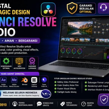 Jasa Instal Blackmagic Design DaVinci Resolve Studio untuk editing video profesional, color grading, visual effects, dan audio post-production secara online seluruh Indonesia.
