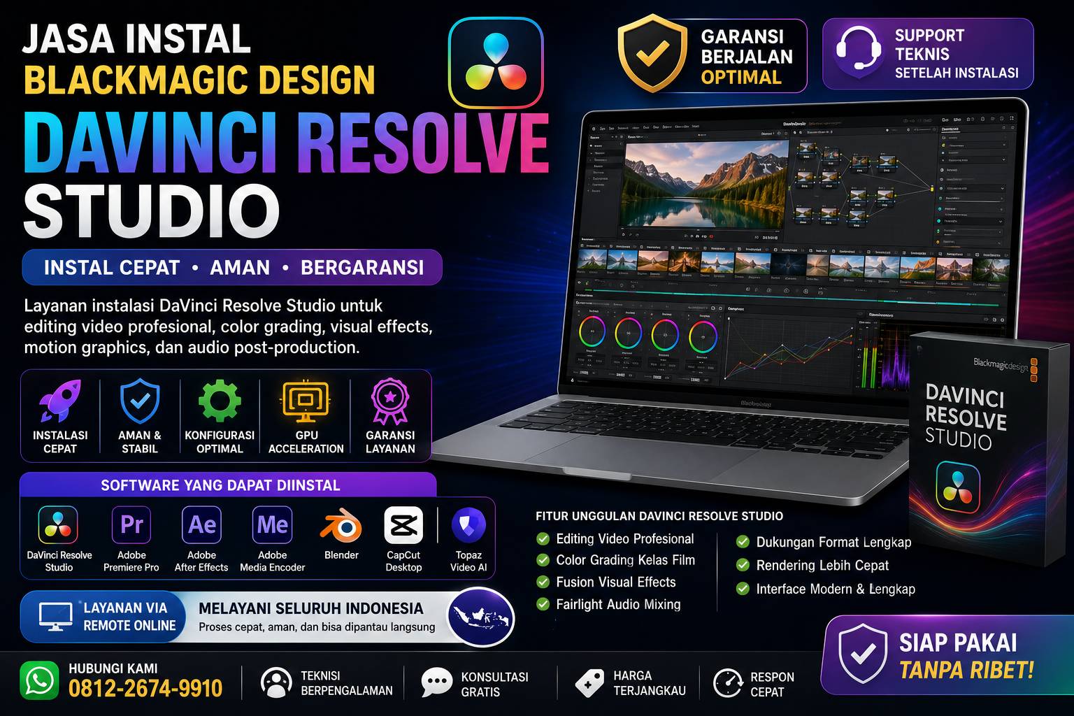 Jasa Instal Blackmagic Design DaVinci Resolve Studio untuk editing video profesional, color grading, visual effects, dan audio post-production secara online seluruh Indonesia.