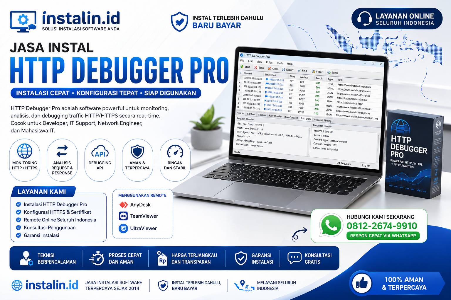Jasa Instal HTTP Debugger Pro oleh Instalin.id untuk monitoring HTTP HTTPS, analisis API, debugging jaringan, dan troubleshooting aplikasi secara online seluruh Indonesia.