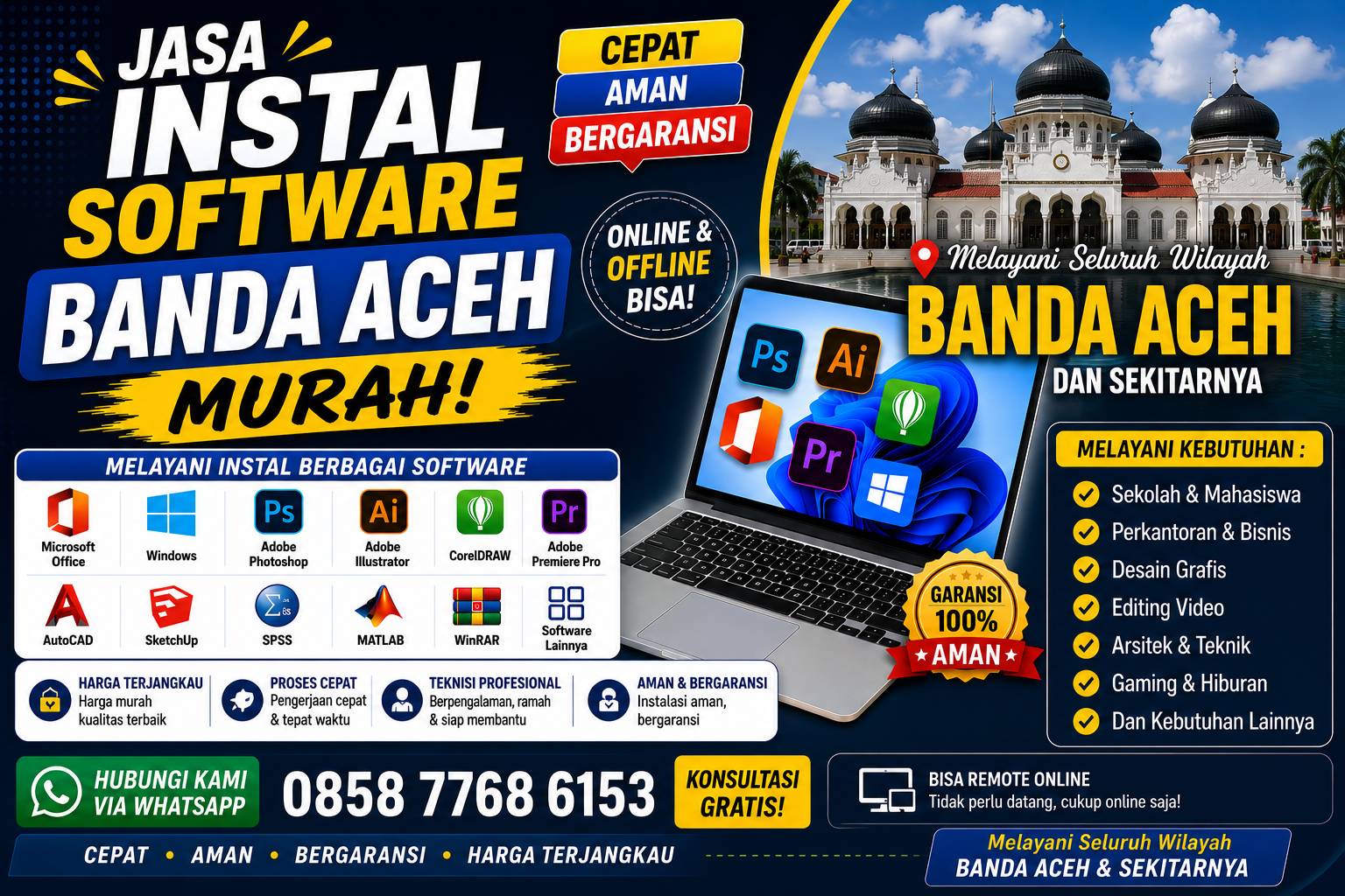 jasa instal software Banda Aceh murah melayani instal Microsoft Office, Photoshop, CorelDRAW, AutoCAD, SPSS, Adobe Premiere Pro, dan software lainnya dengan layanan online dan offline.