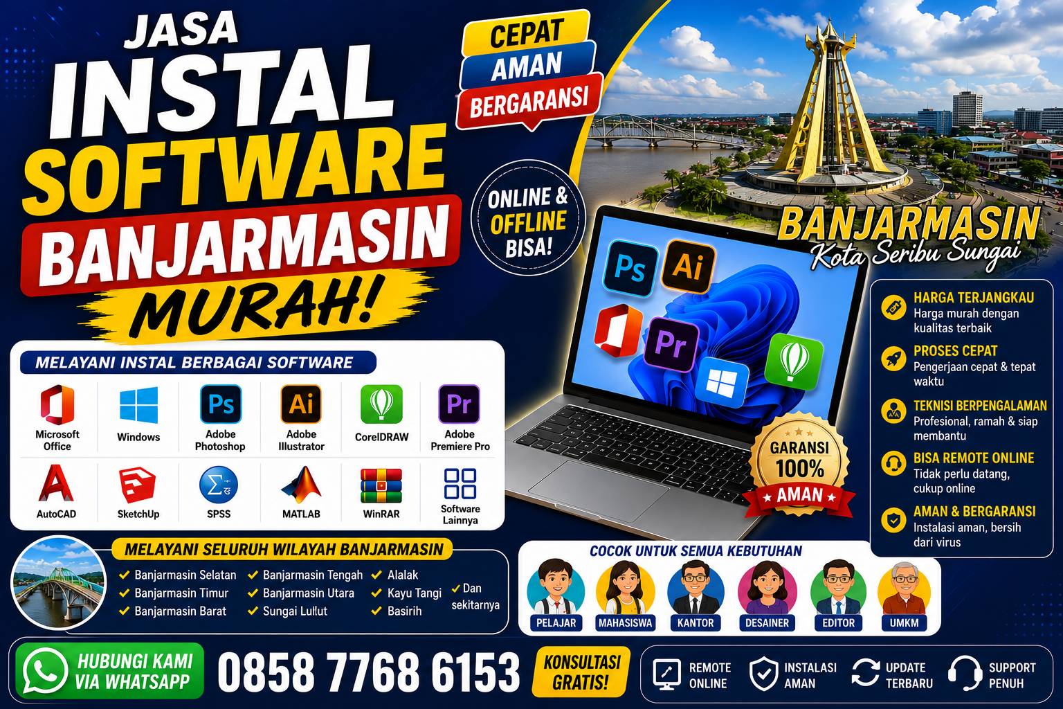 jasa instal software Banjarmasin murah melayani instal Microsoft Office, Photoshop, CorelDRAW, AutoCAD, SPSS, Adobe Premiere Pro, dan software lainnya dengan layanan online dan offline.