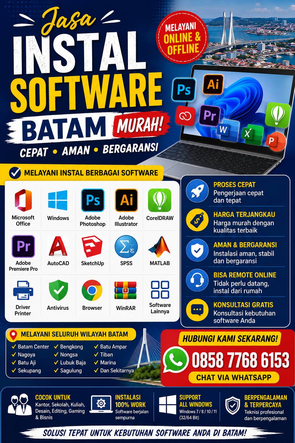 jasa instal software Batam murah melayani instal Microsoft Office, Photoshop, CorelDRAW, AutoCAD, SPSS, Adobe Premiere Pro, dan software lainnya dengan layanan online dan offline.