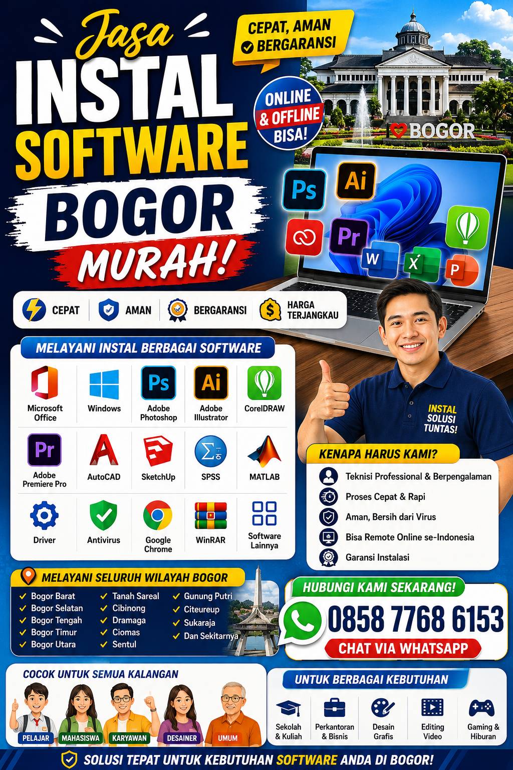 jasa instal software Bogor murah melayani instal Microsoft Office, Photoshop, CorelDRAW, AutoCAD, SPSS, Adobe Premiere Pro, dan software lainnya dengan layanan online dan offline untuk semua usia.