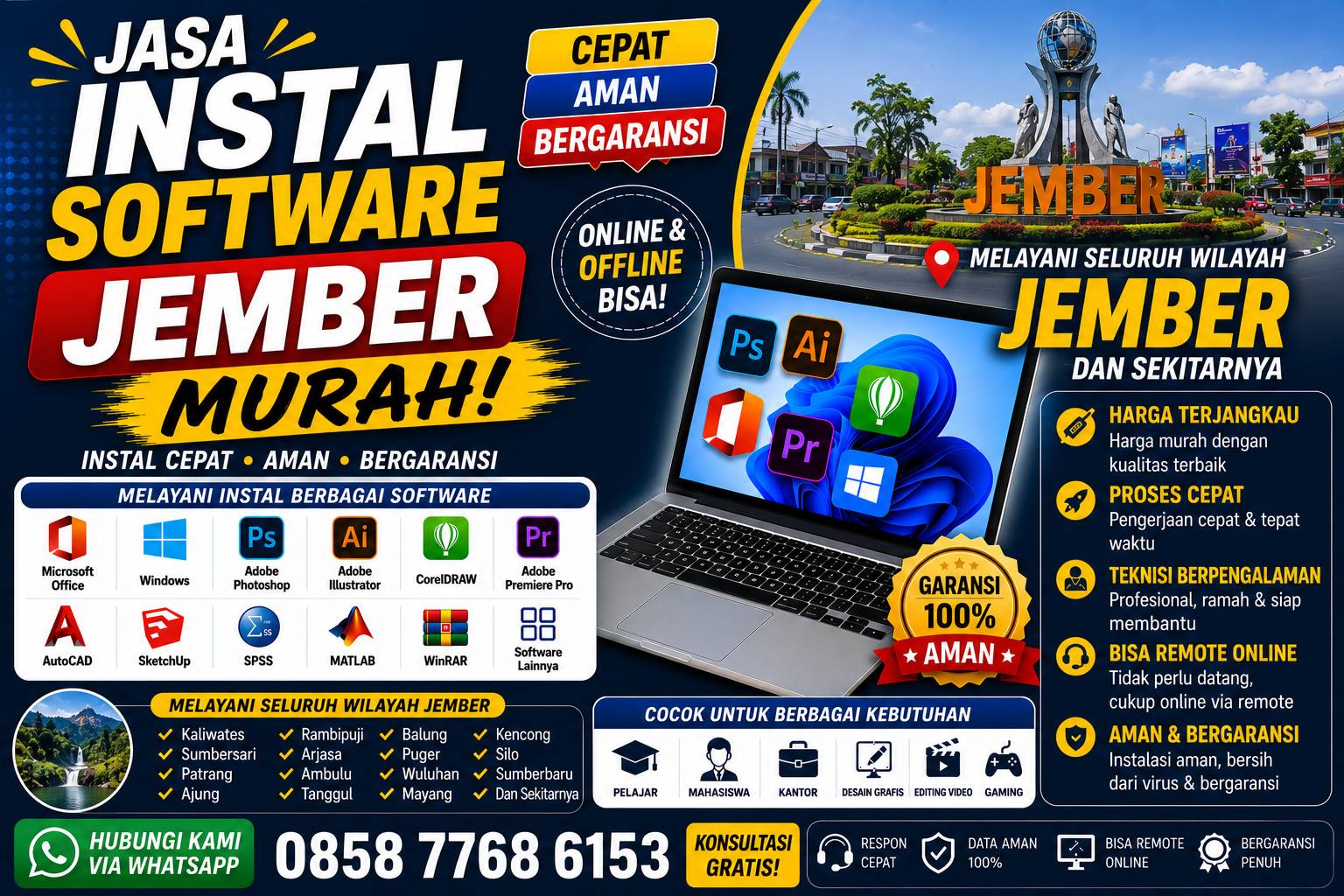 jasa instal software Jember murah melayani instal Microsoft Office, Photoshop, CorelDRAW, AutoCAD, SPSS, Adobe Premiere Pro, dan software lainnya dengan layanan online dan offline.