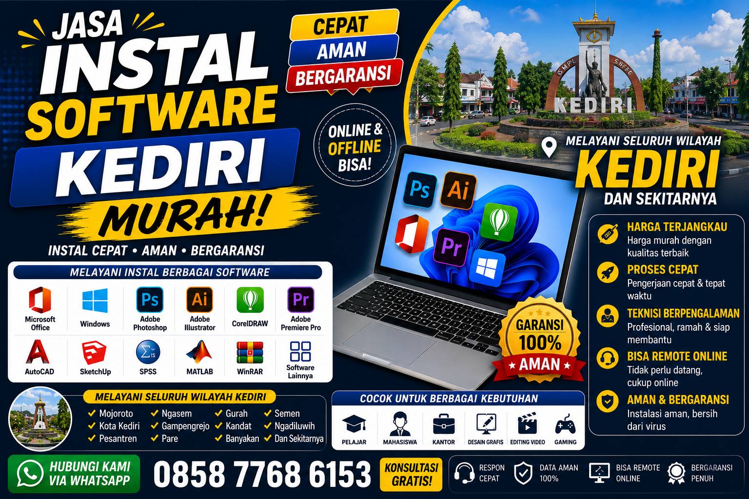 jasa instal software Kediri murah melayani instal Microsoft Office, Photoshop, CorelDRAW, AutoCAD, SPSS, Adobe Premiere Pro, dan software lainnya dengan layanan online dan offline.