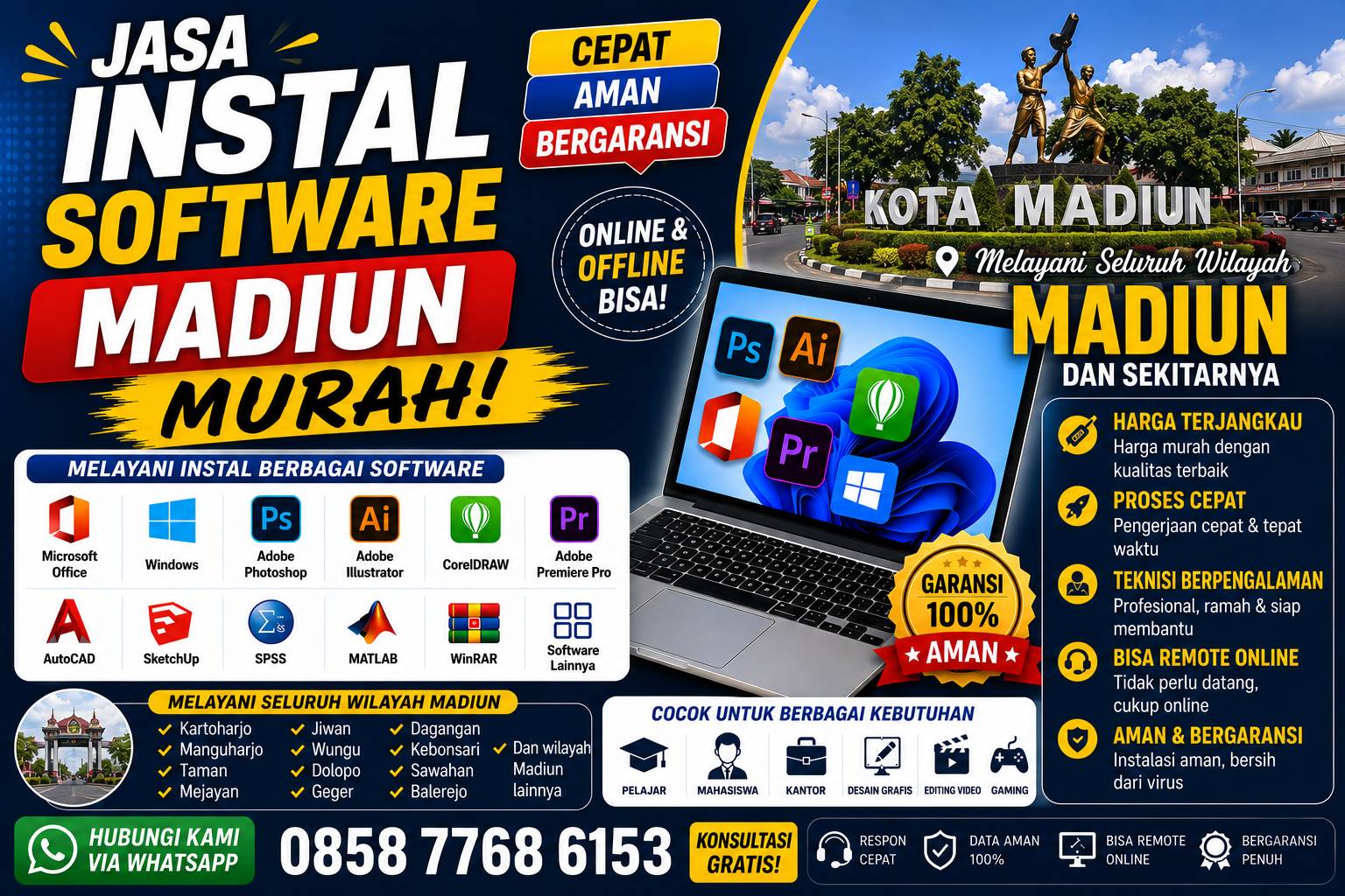 jasa instal software Madiun murah melayani instal Microsoft Office, Photoshop, CorelDRAW, AutoCAD, SPSS, Adobe Premiere Pro, dan software lainnya dengan layanan online dan offline.