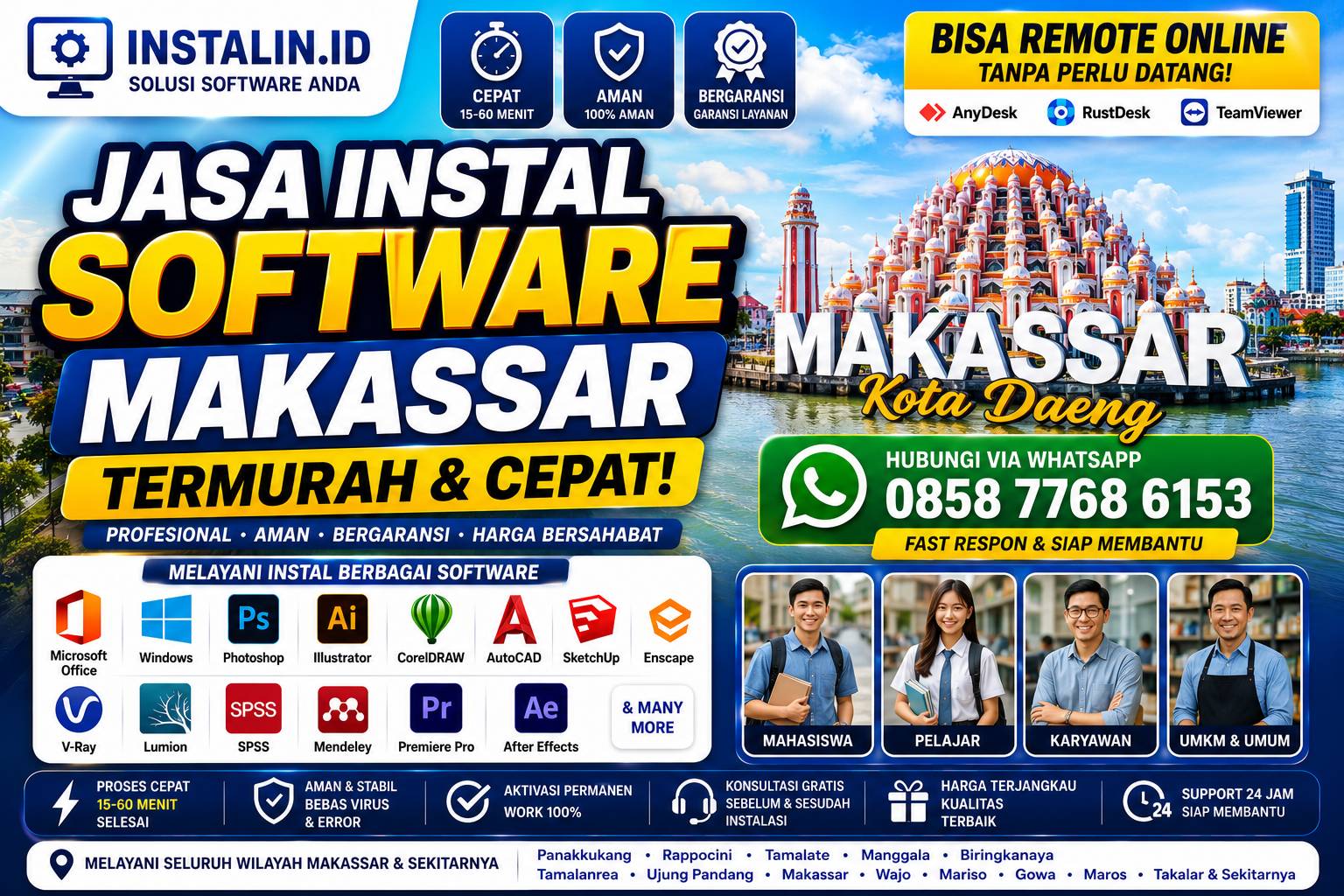 Jasa Instal Software Makassar termurah dan cepat bisa remote online untuk laptop dan PC oleh Instalin.id
