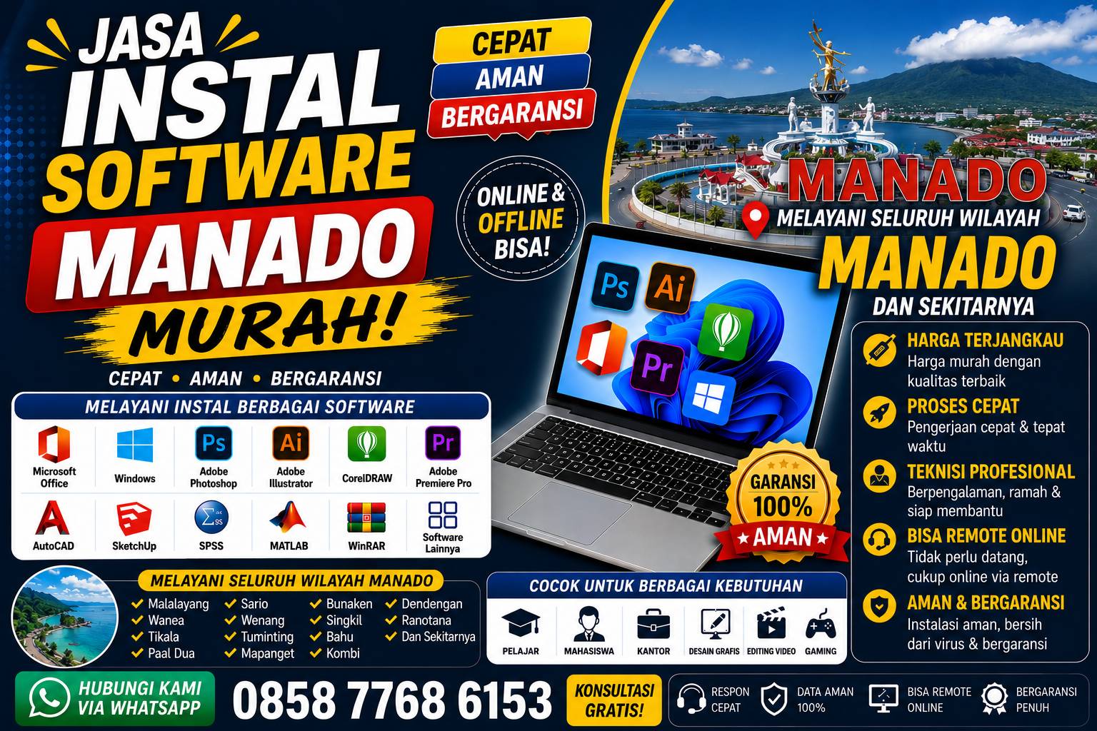 jasa instal software Manado murah melayani instal Microsoft Office, Photoshop, CorelDRAW, AutoCAD, SPSS, Adobe Premiere Pro, dan software lainnya dengan layanan online dan offline.