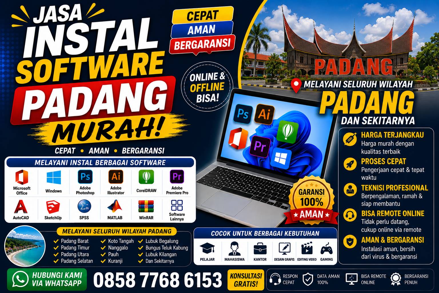 jasa instal software Padang murah melayani instal Microsoft Office, Photoshop, CorelDRAW, AutoCAD, SPSS, Adobe Premiere Pro, dan software lainnya dengan layanan online dan offline.