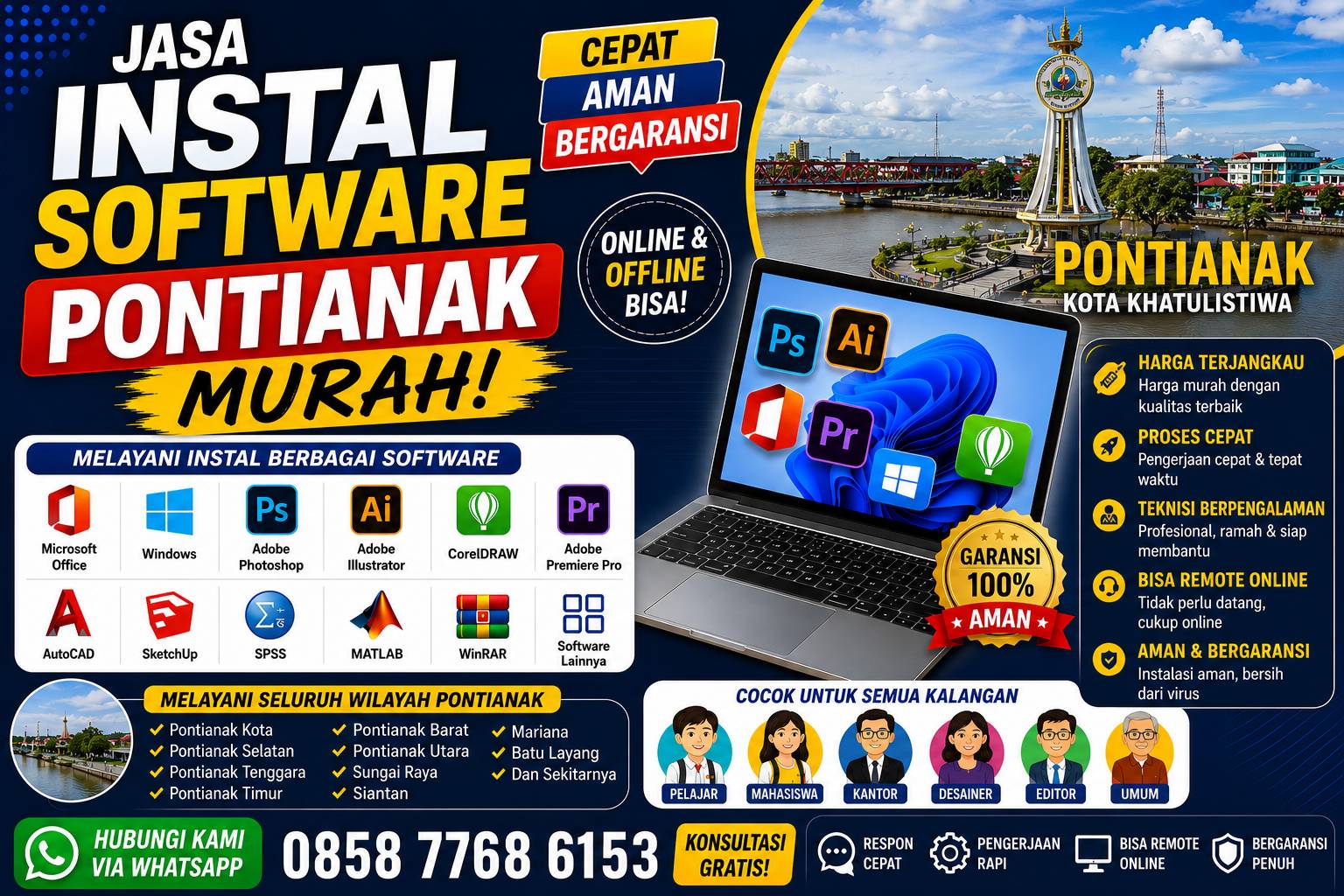 jasa instal software Pontianak murah melayani instal Microsoft Office, Photoshop, CorelDRAW, AutoCAD, SPSS, Adobe Premiere Pro, dan software lainnya dengan layanan online dan offline.