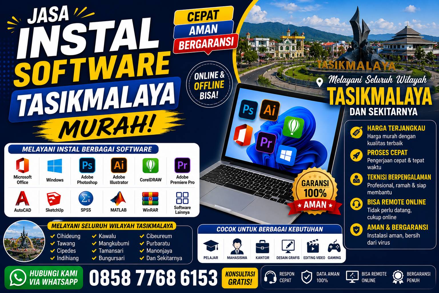 jasa instal software Tasikmalaya murah melayani instal Microsoft Office, Photoshop, CorelDRAW, AutoCAD, SPSS, Adobe Premiere Pro, dan software lainnya dengan layanan online dan offline.