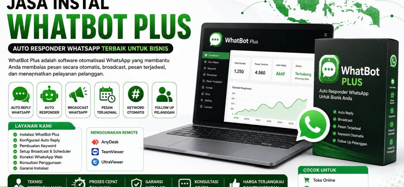 Jasa Instal WhatBot Plus oleh Instalin.id untuk auto reply WhatsApp, broadcast pesan, follow up pelanggan, dan otomatisasi WhatsApp bisnis secara online seluruh Indonesia.