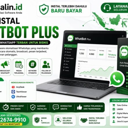 Jasa Instal WhatBot Plus oleh Instalin.id untuk auto reply WhatsApp, broadcast pesan, follow up pelanggan, dan otomatisasi WhatsApp bisnis secara online seluruh Indonesia.