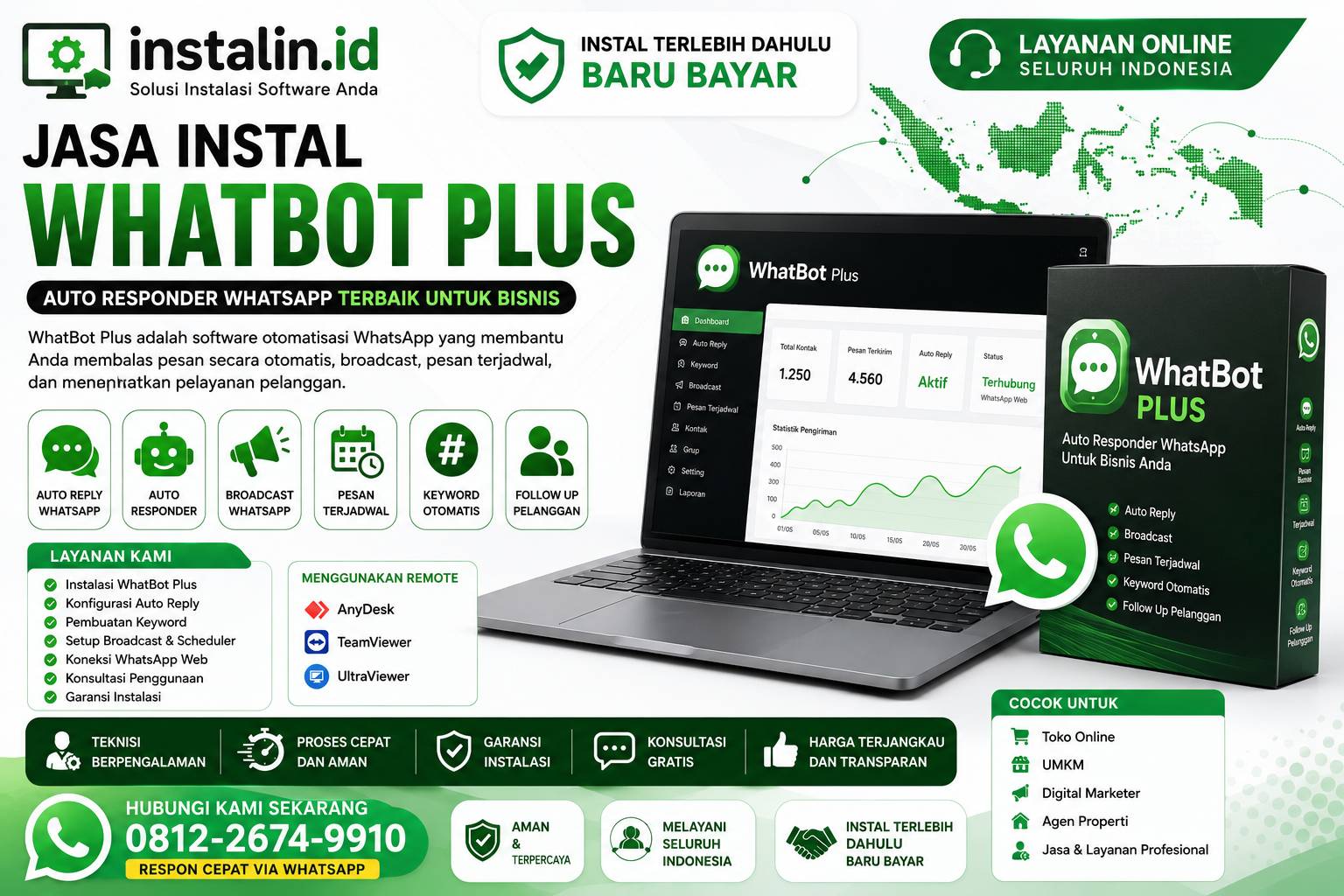 Jasa Instal WhatBot Plus oleh Instalin.id untuk auto reply WhatsApp, broadcast pesan, follow up pelanggan, dan otomatisasi WhatsApp bisnis secara online seluruh Indonesia.