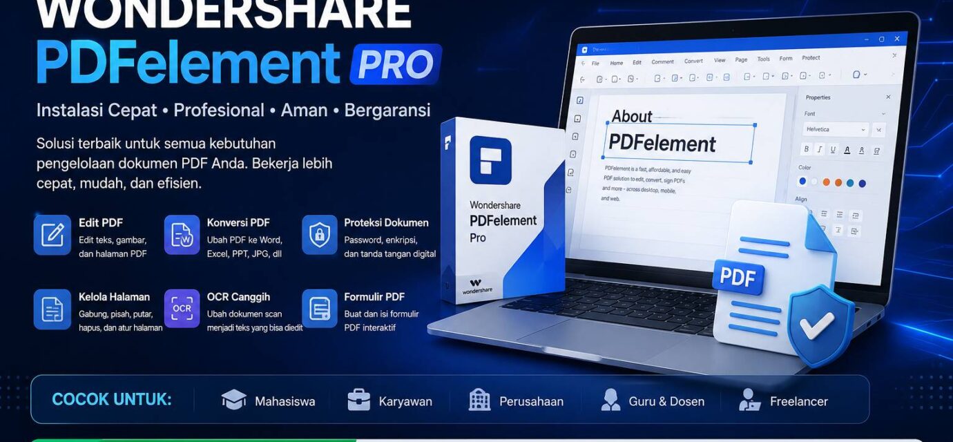 Jasa Instal Wondershare PDFelement Pro profesional untuk edit PDF, konversi PDF ke Word, OCR, dan pengelolaan dokumen PDF secara cepat dan aman.