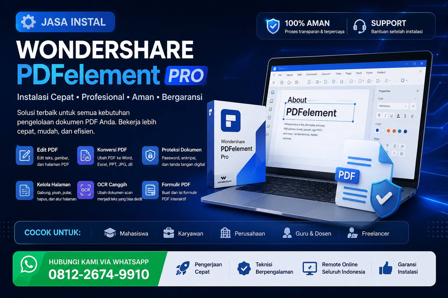 Jasa Instal Wondershare PDFelement Pro profesional untuk edit PDF, konversi PDF ke Word, OCR, dan pengelolaan dokumen PDF secara cepat dan aman.