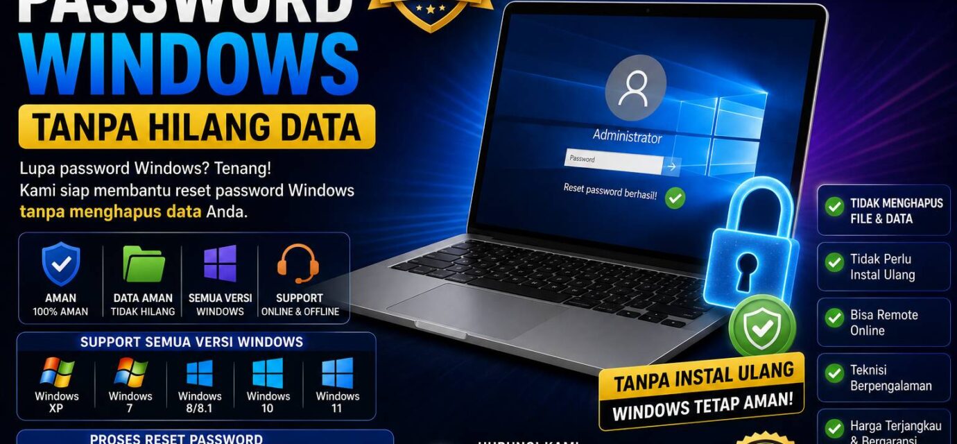 jasa reset password Windows tanpa instal ulang dan tanpa kehilangan file, dokumen, foto, maupun aplikasi.