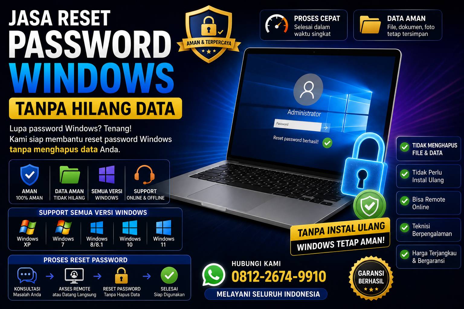 jasa reset password Windows tanpa instal ulang dan tanpa kehilangan file, dokumen, foto, maupun aplikasi.
