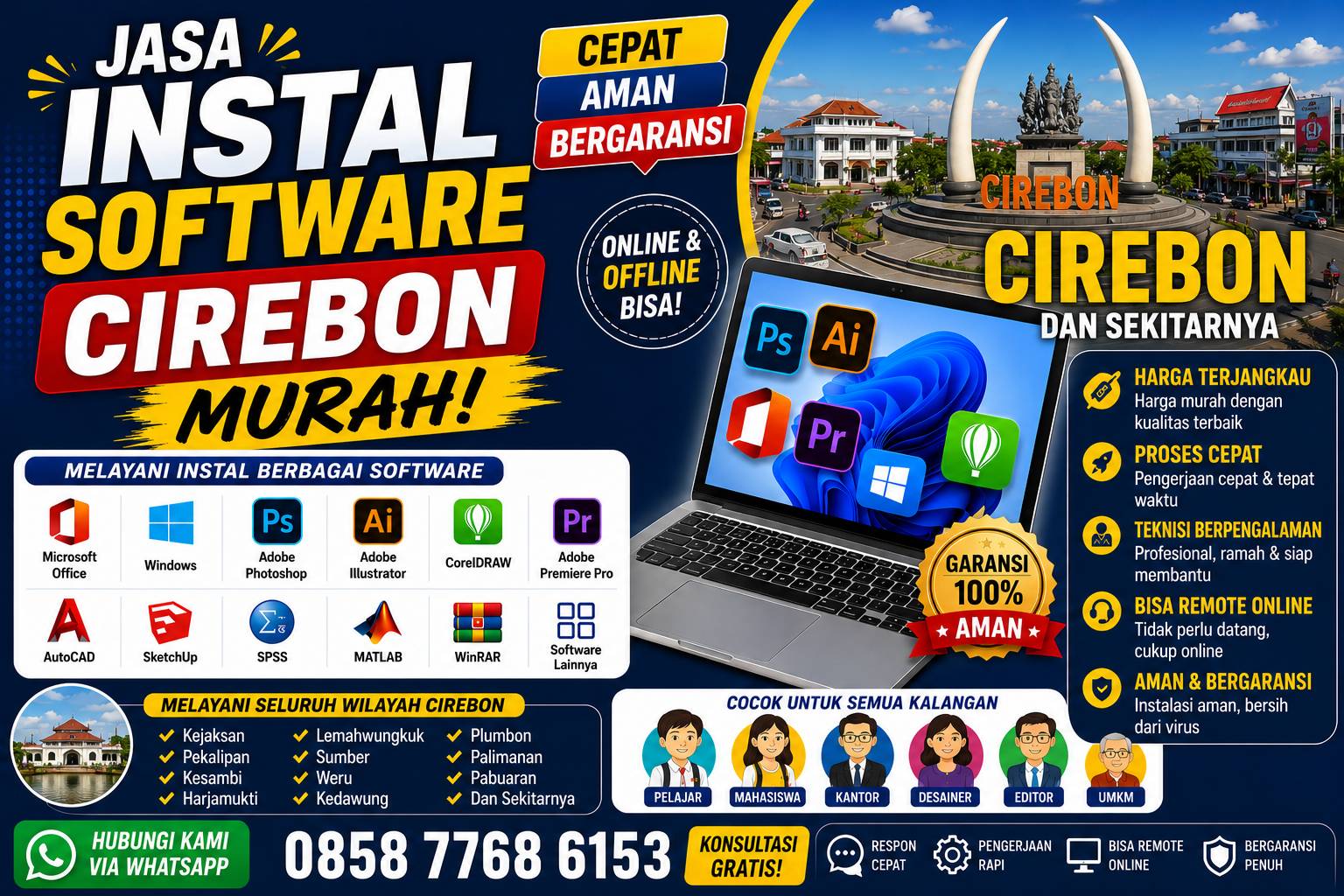 jasa instal software Cirebon murah melayani instal Microsoft Office, Photoshop, CorelDRAW, AutoCAD, SPSS, Adobe Premiere Pro, dan software lainnya dengan layanan online dan offline.