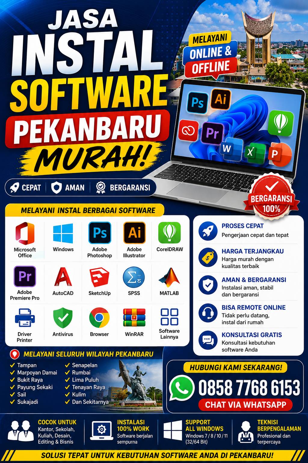 jasa instal software Pekanbaru murah melayani instal Microsoft Office, Photoshop, CorelDRAW, AutoCAD, SPSS, Adobe Premiere Pro, dan software lainnya dengan layanan online dan offline.