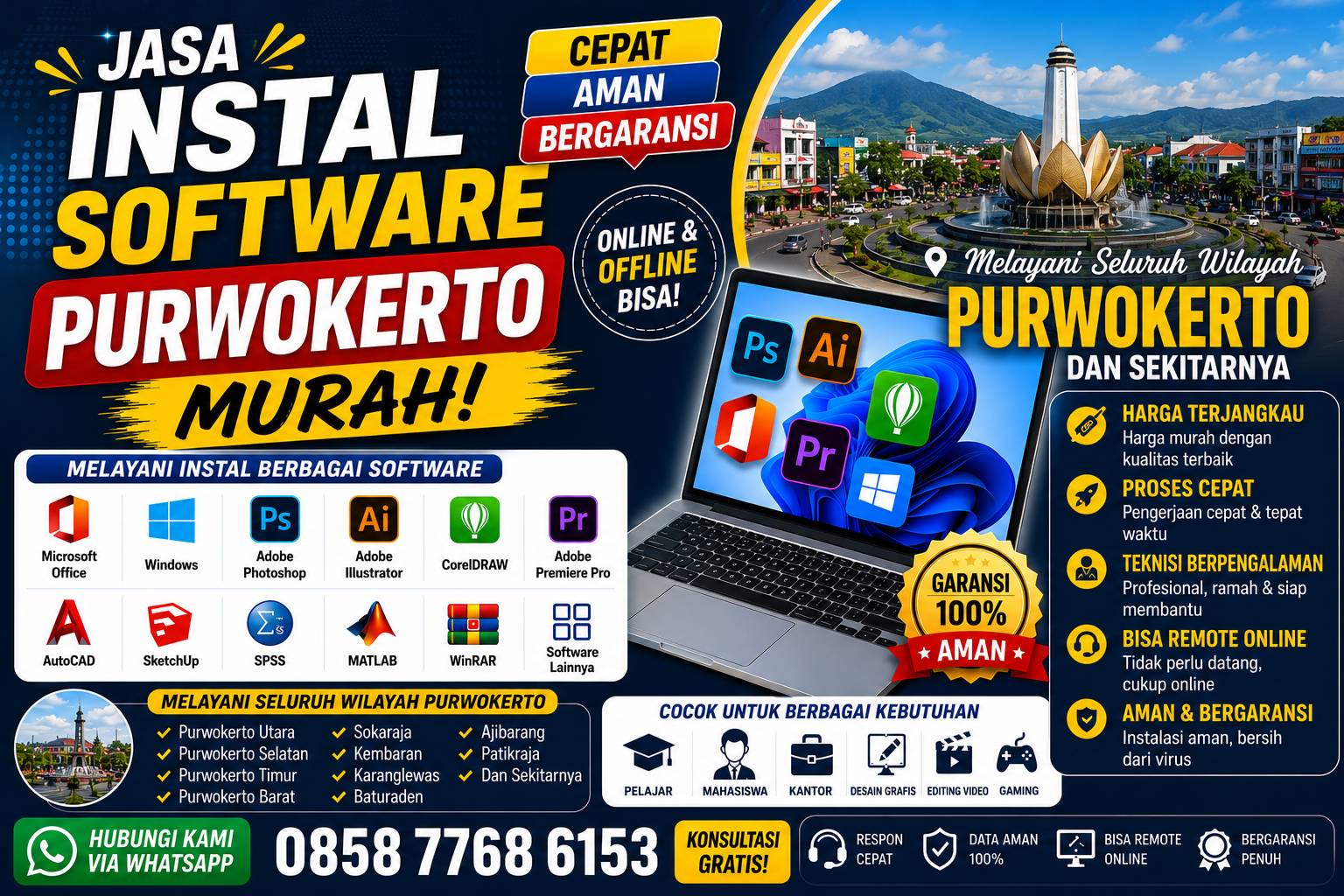 jasa instal software Purwokerto murah melayani instal Microsoft Office, Photoshop, CorelDRAW, AutoCAD, SPSS, Adobe Premiere Pro, dan software lainnya dengan layanan online dan offline.