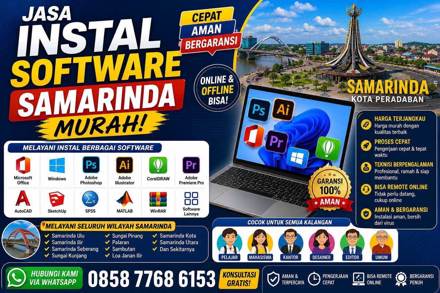 jasa instal software Samarinda murah melayani instal Microsoft Office, Photoshop, CorelDRAW, AutoCAD, SPSS, Adobe Premiere Pro, dan software lainnya dengan layanan online dan offline.