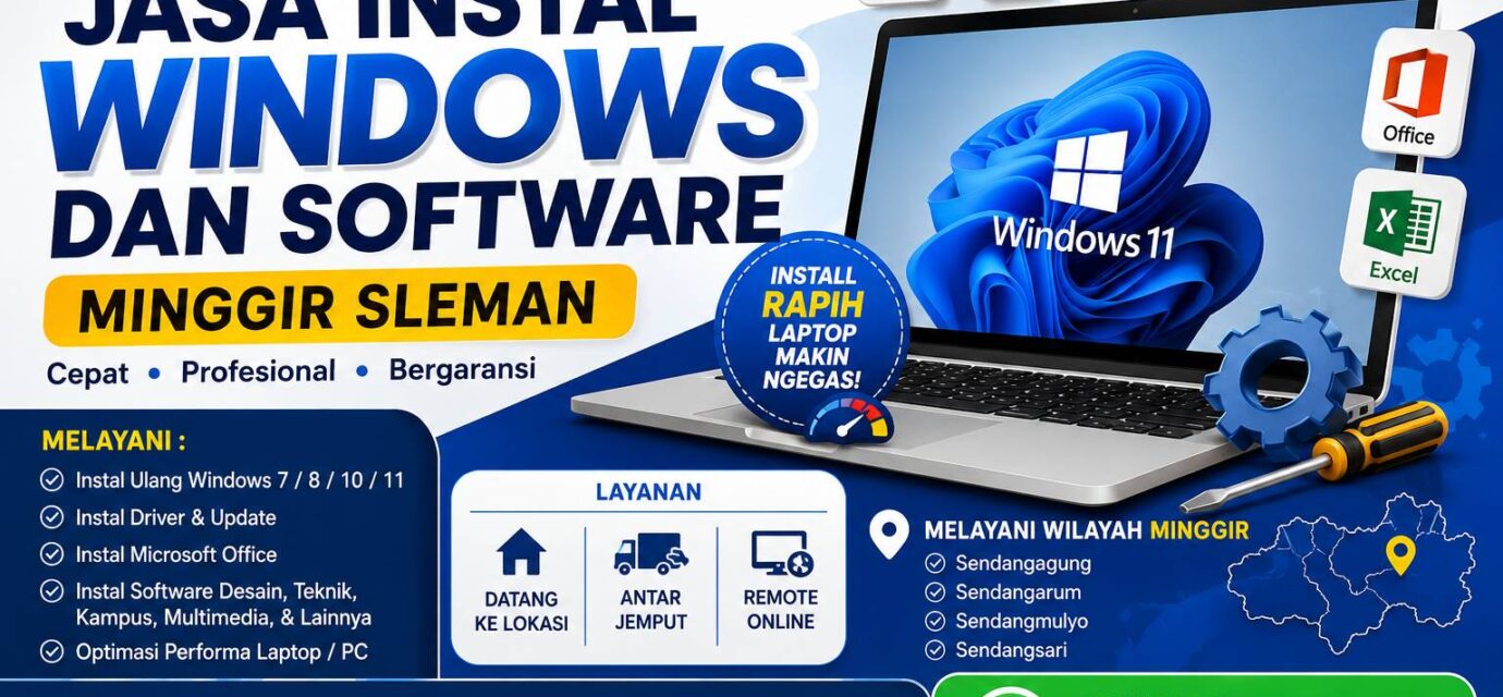 Jasa Instal Windows dan Software Minggir Sleman melayani instal ulang Windows, Microsoft Office, AutoCAD, Adobe, CorelDRAW, dan software lainnya dengan layanan panggilan serta remote online.