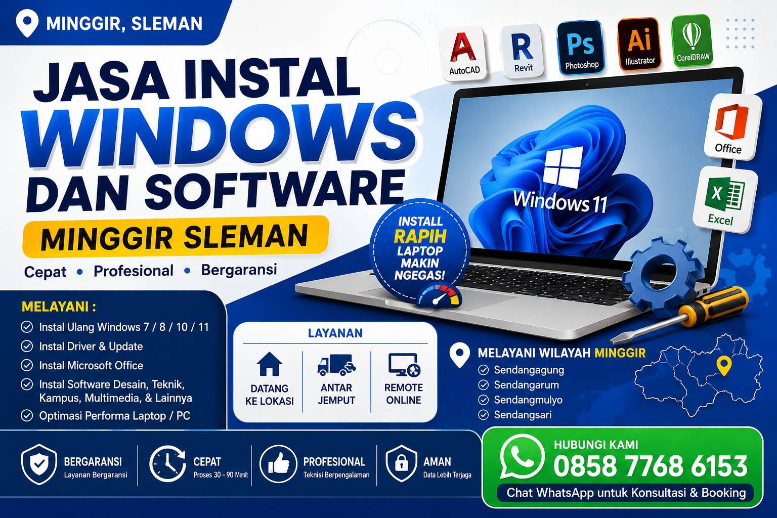 Jasa Instal Windows dan Software Minggir Sleman melayani instal ulang Windows, Microsoft Office, AutoCAD, Adobe, CorelDRAW, dan software lainnya dengan layanan panggilan serta remote online.